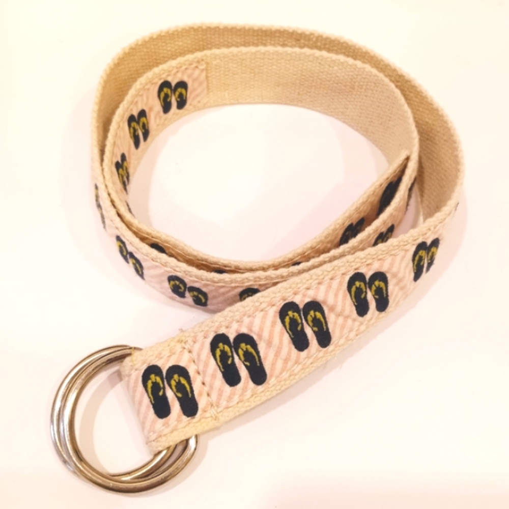 J. Crew Web Belt w/ Flip Flop Embroidery on Pink & White Stripe Seersucker - Picture 1 of 9